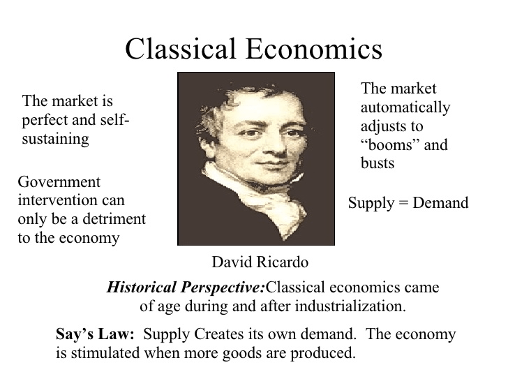 Classical Economics The market is perfect and self- sustaining
Government intervention can only be a detriment to the economy The
market automatically adjusts to "booms" and busts Supply = Demand
David Ricardo Historical Perspective:Classical economics came of age
during and after industrialization. Say's Law: Supply Creates its own
demand. The economy is stimulated when more goods are produced.
