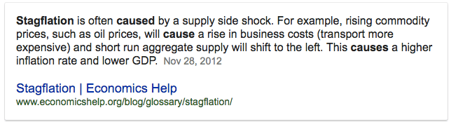 Stagflation is often caused by a supply side shock. For example,
rising commodity prices, such as oil prices, will cause a rise in
business costs (transport more expensive) and short run aggregate
supply will shift to the left. This causes a higher inflation rate and
lower GDP. NOV 28, 2012 Stagflation I Economics Help
www.economicshelp.org/blog/glossary/stagnation/
