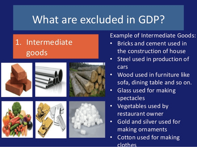 What are excluded in GDP? Example of Intermediate Goods: .
  Intermediate Bricks and cement used in the construction of house Steel
  used in production of cars Wood used in furniture like sofa, dining
  table and so on. Glass used for making spectacles Vegetables used by
  restaurant owner Gold and silver used for making ornaments Cotton used
  for making 