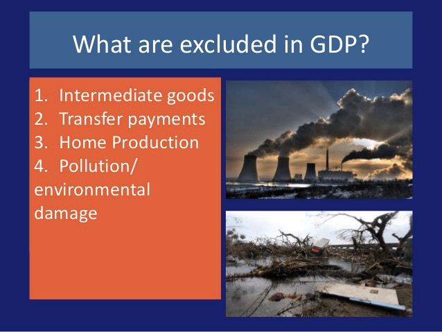 What are excluded in GDP? . Intermediate good . Transfer payments .
  Home Production . Pollution/ nvironmental amage
  