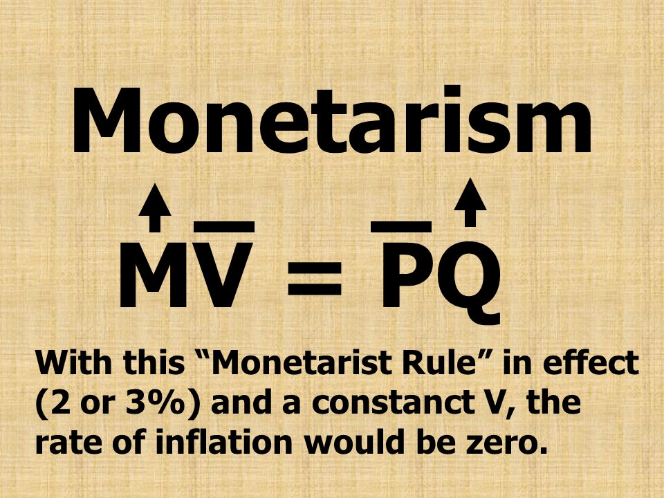 Monetarism MV = FQ With this "Monetarist Rule" in effect (2 or 3%)
and a constanct V, the rate of inflation would be zero.
