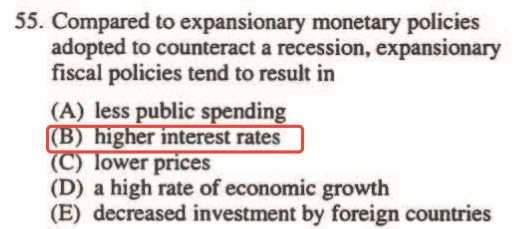 55. Compared to expansionary monetary policies adopted to counteract
  a recession, expansionary fiscal policies tend to result in (A) (D)
  (E) less public spending lg Interest rates ower pnces a high rate of
  economic growth decreased investment by foreign countries
  