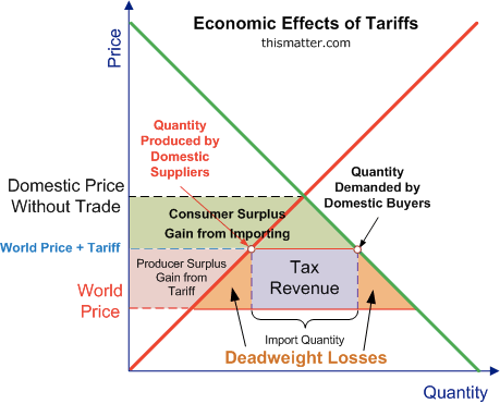 8 Economic Effects of Tariffs thismatter.com Quantity Produced by
Domestic Suppliers Domestic Price Without Trade Cons er Surpl Gain
from World price + Tariff — Producer Surplus Quantity Demanded by
Domestic Buyers Tax World price Gain from Tariff Revenue Imput
Quantity Deadweight Losses Quantity 
