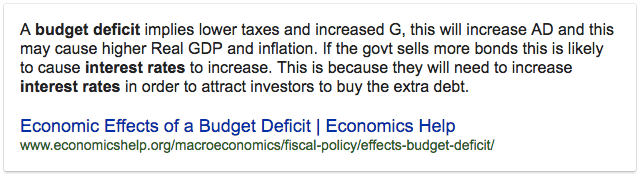 A budget deficit implies lower taxes and increased G, this will
  increase AD and this may cause higher Real GDP and inflation. If the
  govt sells more bonds this is likely to cause interest rates to
  increase. This is because they will need to increase interest rates in
  order to attract investors to buy the extra debt. Economic Effects of
  a Budget Deficit I Economics Help
  www.economicshelp.org/macroeconomics/fiscal-policy/effects-budget-deficit/
  