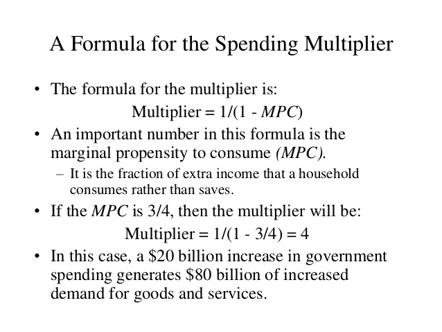 A Formula for the Spending Multiplier The formula for the multiplier
is: Multiplier = 1/(1 - MPC) An important number in this formula is
the marginal propensity to consume (MPC). — It is the fraction of
extra income that a household consumes rather than saves. If the MPC
is 3/4, then the multiplier will be: Multiplier = 1/(1 - 3/4) = 4 In
this case, a $20 billion increase in government spending generates $80
billion of increased demand for goods and services.
